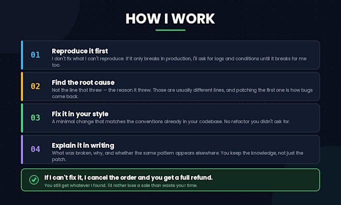 fix bugs and errors in your node js python go or php backend