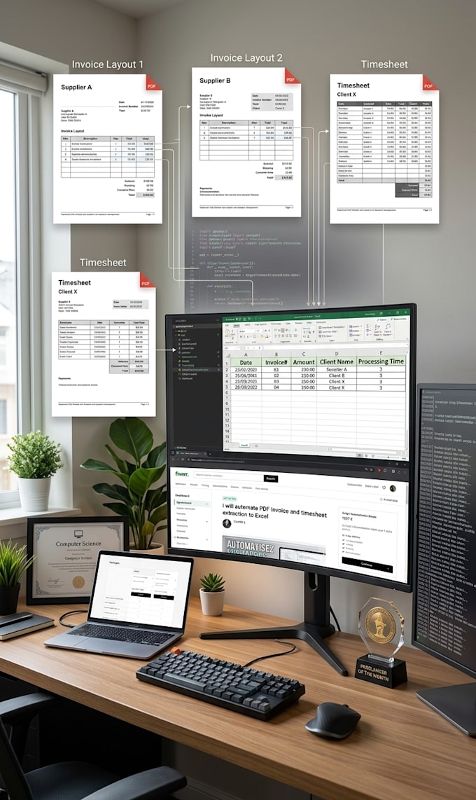 automate PDF invoice and timesheet extraction to excel