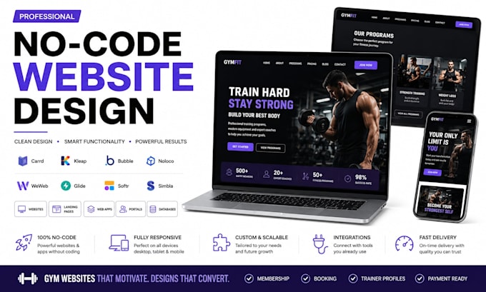 design carrd kleap bubble noloco weweb glide softr site simbla gym website
