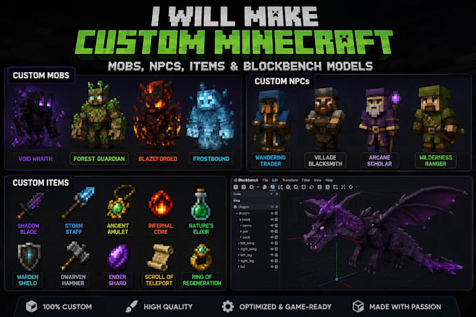 create custom minecraft blockbench models, mobs, items and animations