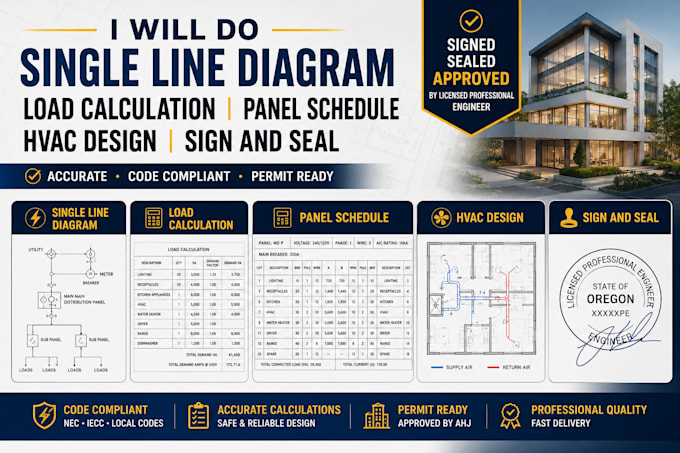 do single line diagram, load calculation, panel schedule, hvac, sign and seal