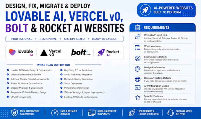 deploy, fix, design and migrate lovable ai, vercel v0, bolt, rocket ai website
