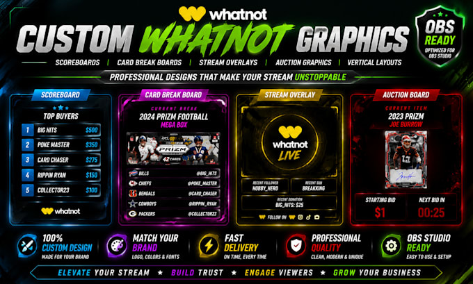 design custom whatnot scoreboards and card break boards for live streams