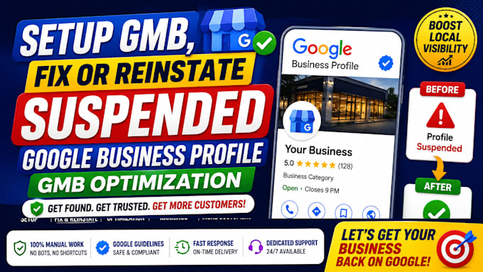 setup gmb, fix or reinstate suspended google business profile, gmb optimization
