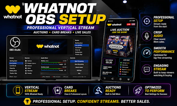 setup professional whatnot vertical stream with obs for auctions and card breaks