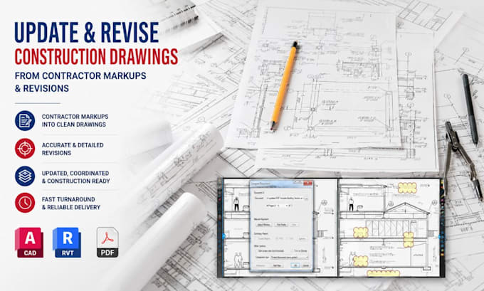 update and revise construction drawings from contractor markups and revisions