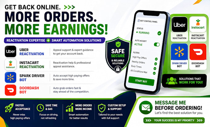 do uber reactivation, spark driver bot, doordash bot, instacart reactivation