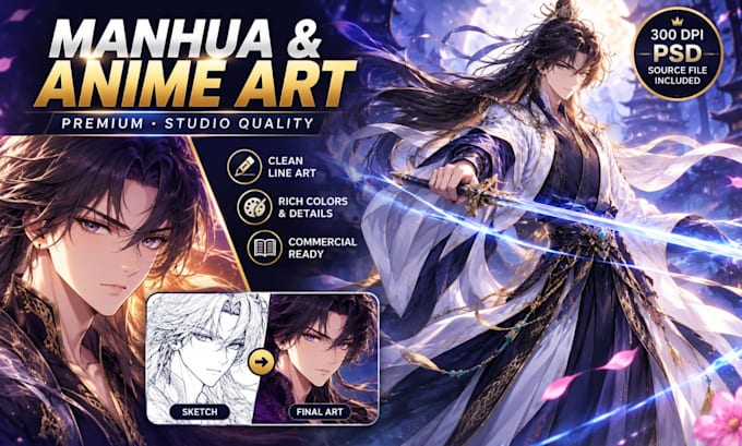 draw professional korean anime illustration or manhua artwork