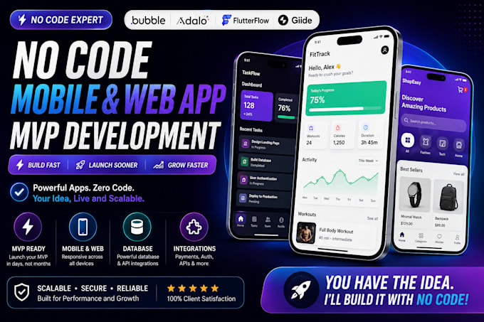 build no code mobile app mvp with bubble, adalo, flutterflow or glide