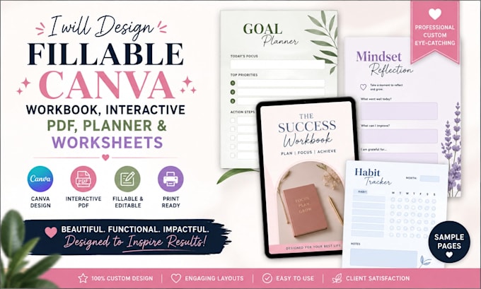 design fillable canva workbook, interactive PDF, planner and worksheets