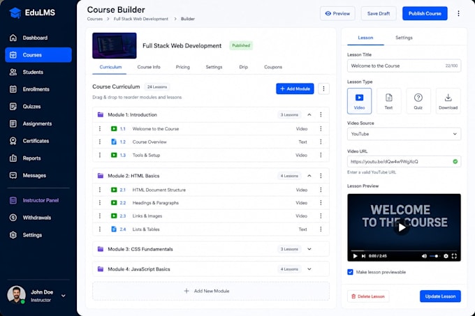 develop an lms with online courses and quizzes