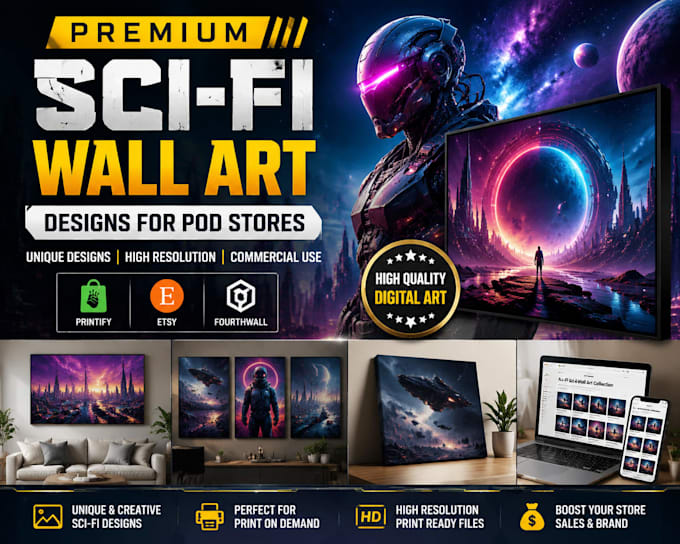 design sci fi canvas digital wall art printify pod fourthwall website etsy store