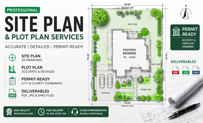 draw a professional 2d site plan, plot plan and property plan