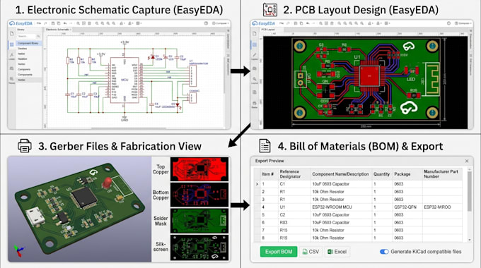 create professional pcb layout, electronic schematic, kicad, gerber and bom