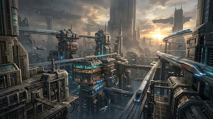 create fantasy sci fi cinematic game environment concept art and worldbuilding