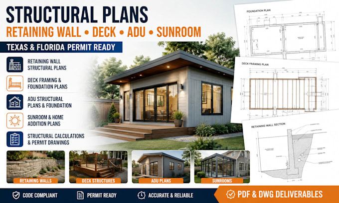 design structural plans retaining wall deck adu sunroom permit texas florida