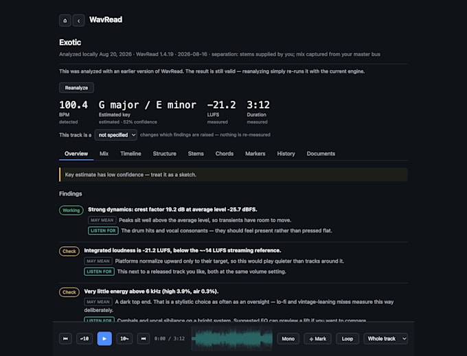give you detailed mix feedback and a technical analysis report