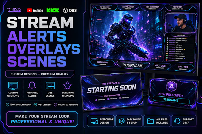 design custom stream overlays alerts and scenes for obs