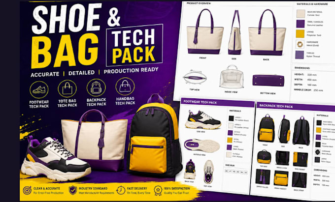 create shoe and bag tech pack, footwear, tote bag, backpack, handbag tech pack
