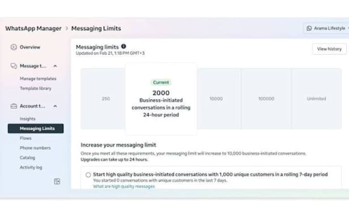 increase whatsapp API from 250 to 100k limit  send bulk message