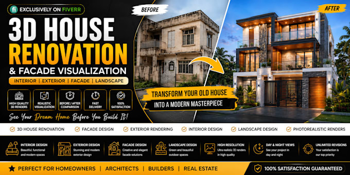 design 3d house renovation, facade visualization 3d interior and exterior design
