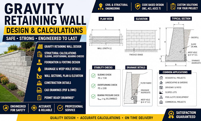 design gravity retaining wall plans, calculations and structural details
