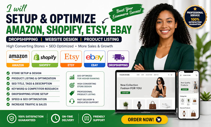 add upload amazon shopify etsy ebay droppshipping website design product listing