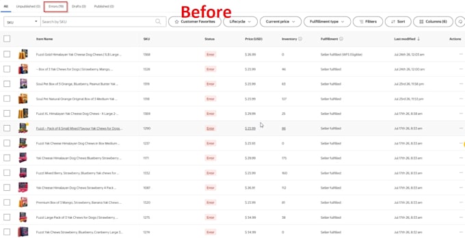 fix walmart listing errors and unpublished products