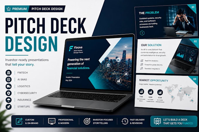 fintech, ai saas, logistic, cybersecurity, insurance, startup pitch deck design