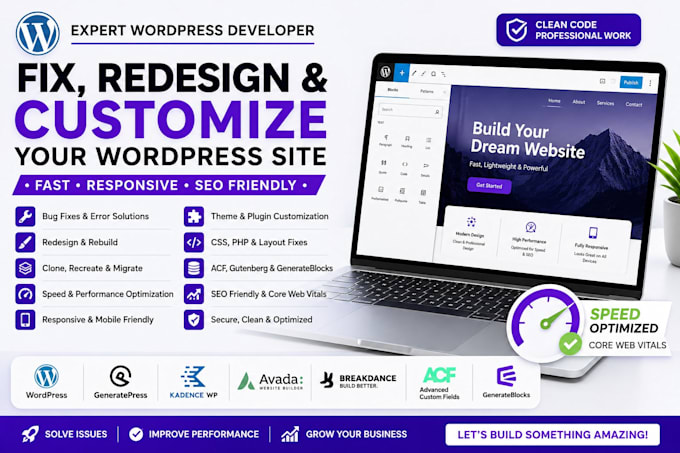 fix, redesign, clone generatepress kadence avada breakdance ionos wordpress acf