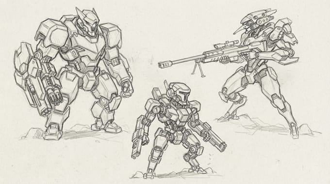 draw mecha helmet, weapon, armor concept
