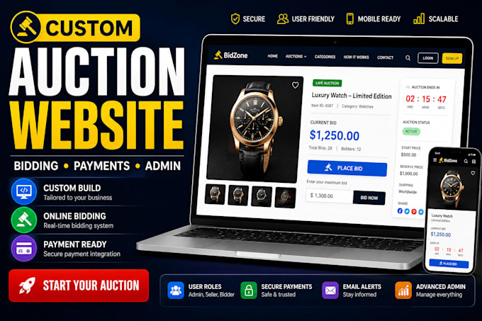 build a custom auction website with bidding and payment system