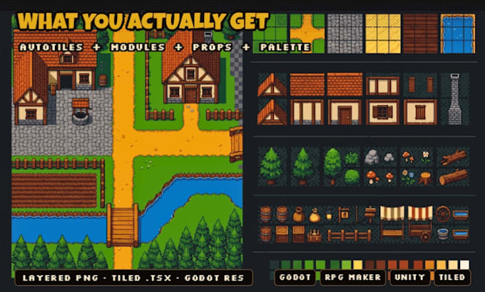 create 2d top down pixel art tileset, rpg maker godot autotile map, level design
