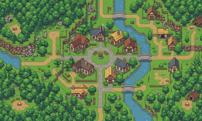 create pixel art background, game map, pixel environment scenery and 2d game art