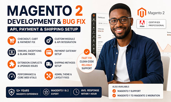 develop magento 2 store with API, bugs and error fix, payment and shipping setup
