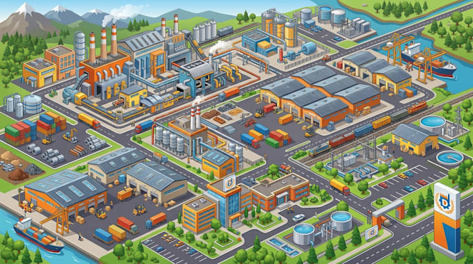 design an industrial map, factory site map, warehouse map and facility layout
