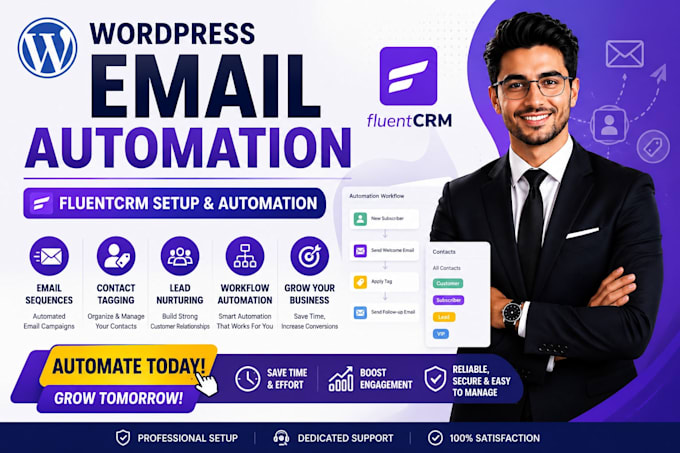 do wordpress email automation, fluentcrm setup, email sequence, and contact