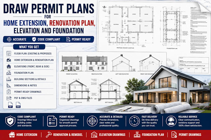 draw permit plans for home extension, renovation plan, elevation and foundation