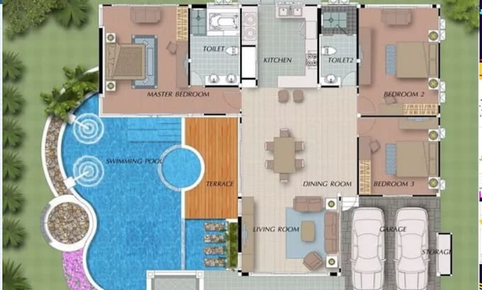 create a 2d floor plan for swimming pool and 3d floor plan
