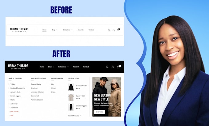 create shopify mega menu, shopify navigation, dropdown and collections