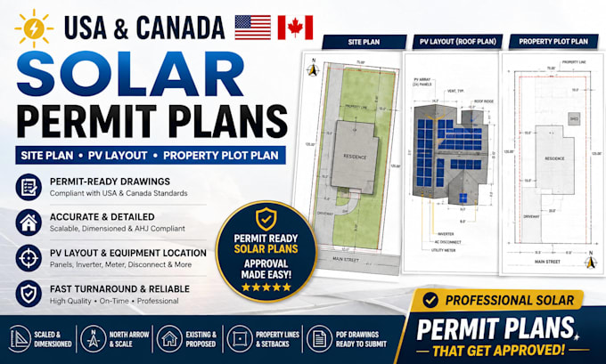 design USA canada solar permit site plan, pv layout and property plot plan
