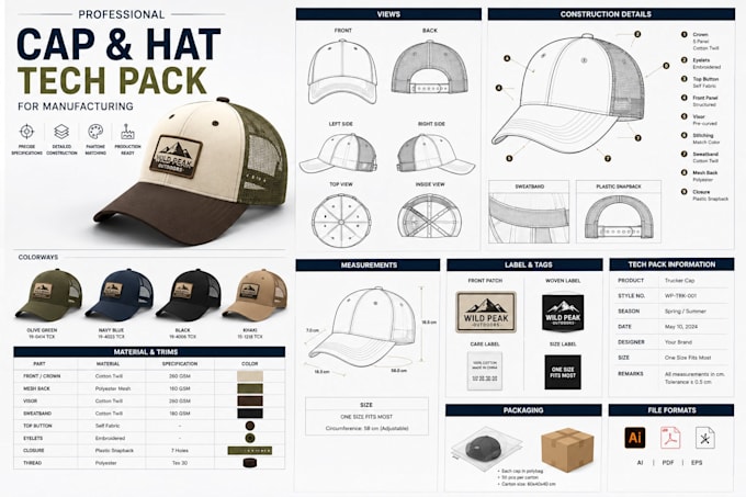 create a profeesional cap and hat tech pack for manufacturing