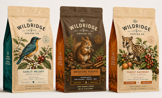 create coffee or tea packaging, coffee bag, pouch, label, mylar bag design