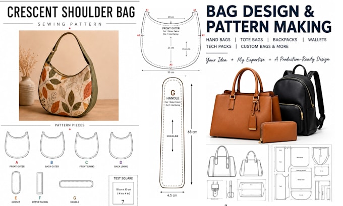 design any bag, purse, tote bag, techpack, wallet, handbag backpack patternmaker