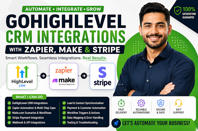 setup gohighlevel CRM integrations with zapier, make and stripe
