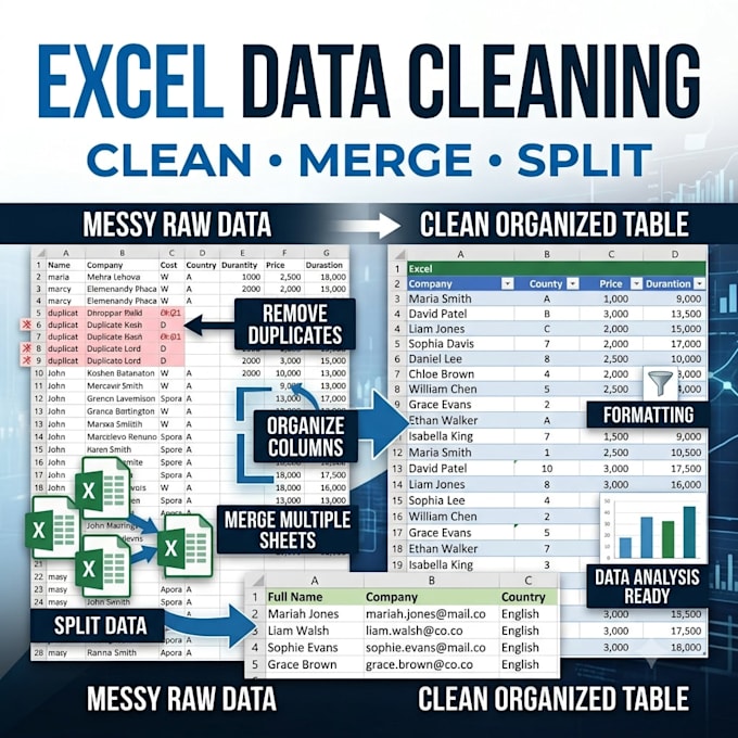 clean, merge, split excel data