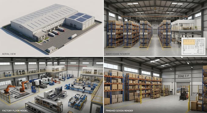 create 3d warehouse design, 3d factory modelling, warehouse 3d views and render