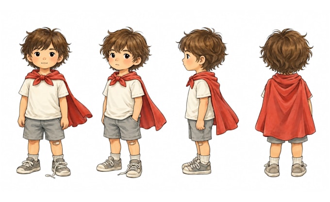 draw cute childrens book character turnaround expression sheets and pose sheet