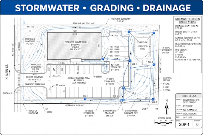 stormwater calculation, civil utility plan, drainage report, site grading