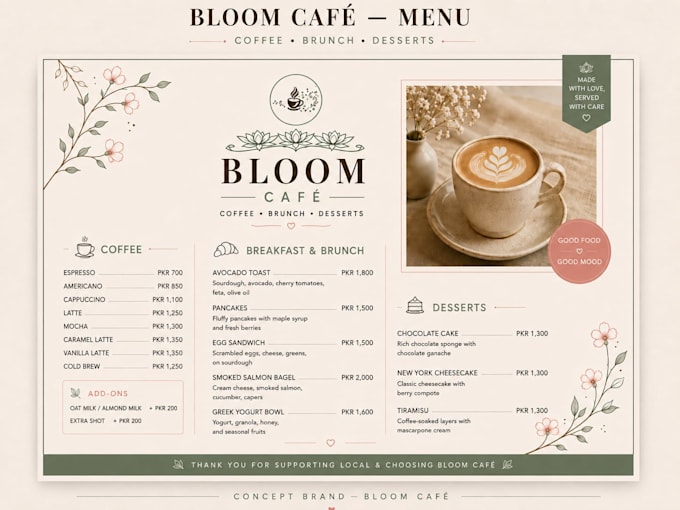 design ai cafe branding logo, menu and packaging